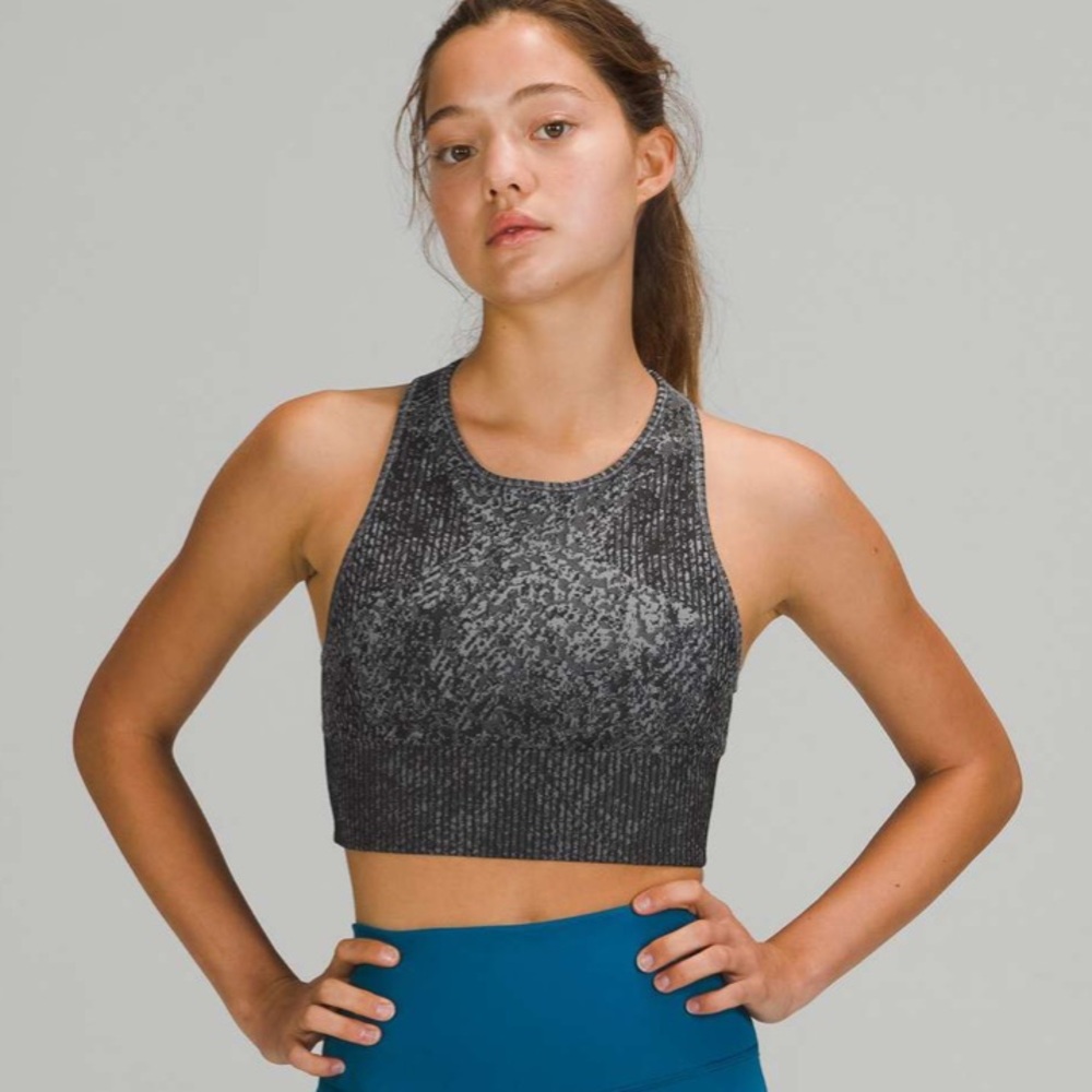 Lululemon Ebb to Train Bra Medium Support CD Cup Pattern Mixing Black Rhino Grey